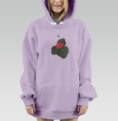 Цветущая красная герань с зелеными листьями на черном фоне, Hoodie Mjhigh Dig Mel, Fiolet, утепленная
