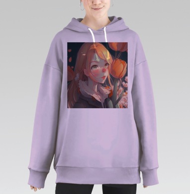Девочка с тюльпанами в оранжевых тонах среди полевых цветов, Hoodie Long Oversize Fiolet