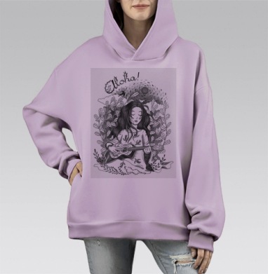 Девушка играет на гитаре среди листьев и птиц Aloha, Hoodie Mono Fiolet, оверсайз, утепленная