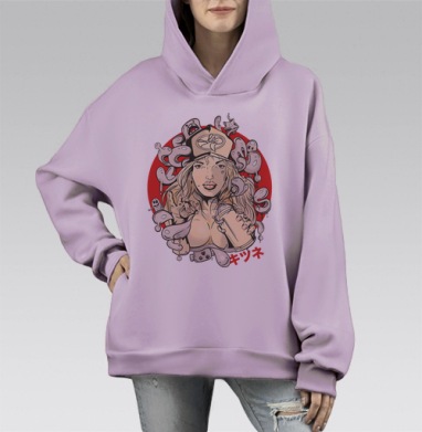 Девушка с баллончиком и мотивы Кицунэ в стиле уличного искусства, Hoodie Mono Fiolet, оверсайз, утепленная