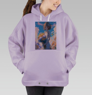 Девушка с букетом цветов на поле голубое небо, Hoodie Oversize Fiolet