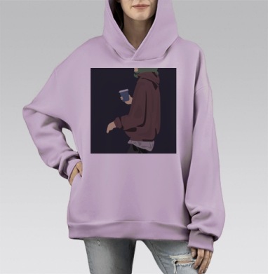 Девушка с кофе в коричневой толстовке городской стиль повседневная жизнь, Hoodie Mono Fiolet, оверсайз, утепленная