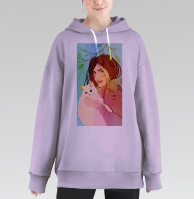 Девушка с кошкой под ветками дерева от дождя, Hoodie Long Oversize Fiolet