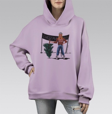 Девушка с мини елкой в свитере и джинсах Christmas Tree, Hoodie Mono Fiolet, оверсайз, утепленная