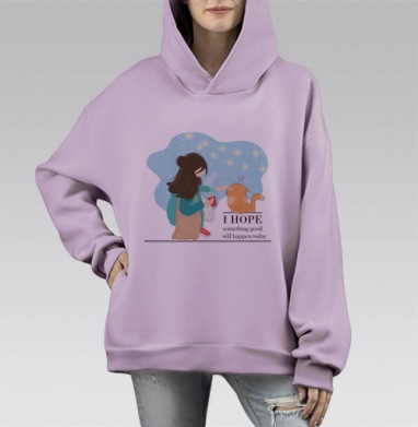 Девушка с рыжим котом в зимний день доброта уют, Hoodie Mono Fiolet, оверсайз, утепленная