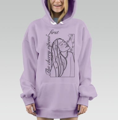 Девушка с сакурой и надписью на черно-белом фоне, Hoodie Mjhigh Dig Mel, Fiolet, утепленная