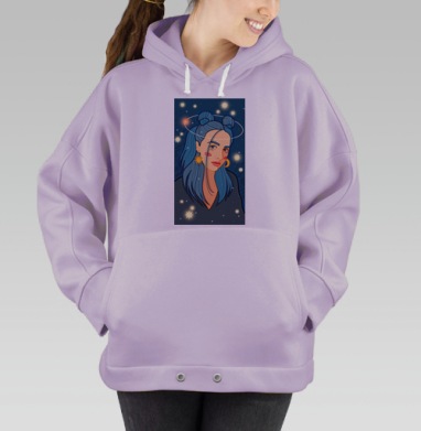Девушка с синими волосами и звездами над головой синем фоне, Hoodie Oversize Fiolet