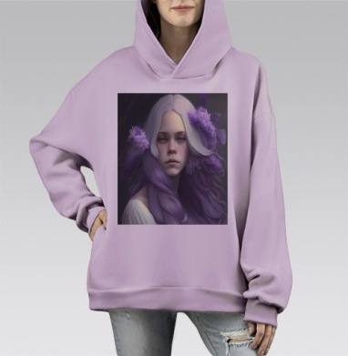 Девушка с сиреневыми волосами мечтает о любви, Hoodie Mono Fiolet, оверсайз, утепленная