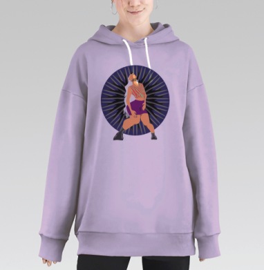 Девушка танцует в ярком образе на фоне круга, Hoodie Long Oversize Fiolet