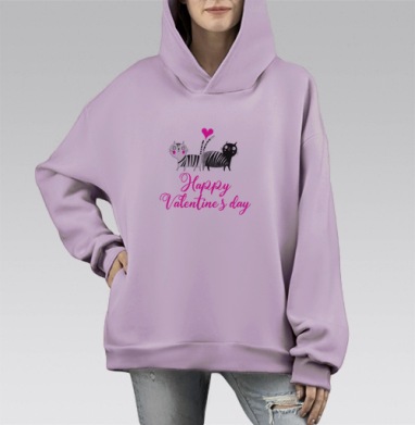 Два контрастных кота с сердцем к дню всех влюбленных, Hoodie Mono Fiolet, оверсайз, утепленная