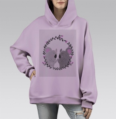 Две нежные коалы в окружении фиолетовых цветов и черных листьев, Hoodie Mono Fiolet, оверсайз, утепленная