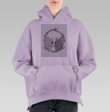 Две нежные коалы в окружении фиолетовых цветов и черных листьев, Hoodie Oversize Fiolet, утепленная