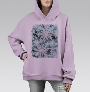 Фрактальные снежинки на бирюзовом фоне зимний узор холодный фон, Hoodie Mono Fiolet, оверсайз, утепленная