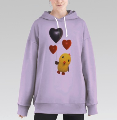 Желтый цыпленок с шарами в форме сердца на фоне, Hoodie Long Oversize Fiolet