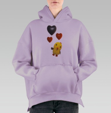 Желтый цыпленок с шарами в форме сердца на фоне, Hoodie Oversize Fiolet, утепленная