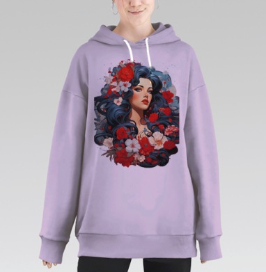 Женский портрет с синими волосами и красными цветами красными цветами, Hoodie Long Oversize Fiolet