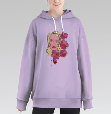 Женское лицо с розовыми цветами в лаконичном стиле, Hoodie Long Oversize Fiolet