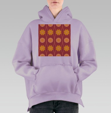 Геометрические рыжие цветы на красном фоне на красном фоне, Hoodie Oversize Fiolet, утепленная