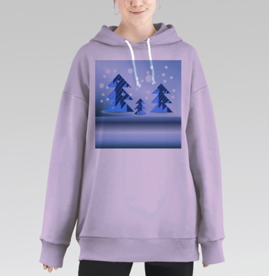 Геометрические синие зимние ёлки на фоне снега зимнего вечера, Hoodie Long Oversize Fiolet