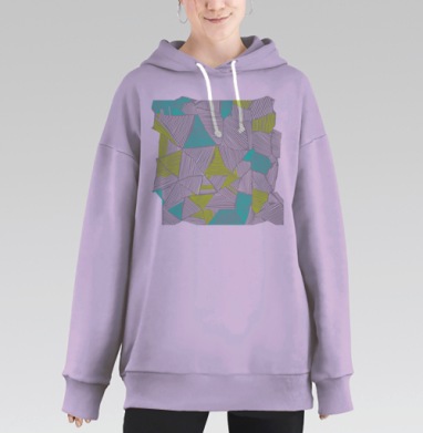 Геометрические треугольники с белым зеленым голубым на сером фоне, Hoodie Long Oversize Fiolet