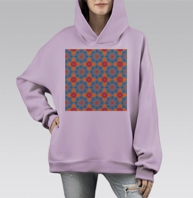 Геометрический узор с декоративными круглыми элементами и цветами, Hoodie Mono Fiolet, оверсайз, утепленная