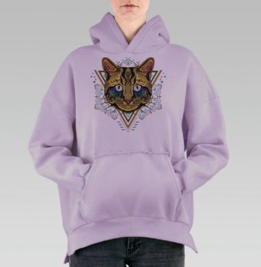 Голова дикой кошки с мистическими символами перед лицом, Hoodie Oversize Fiolet, утепленная