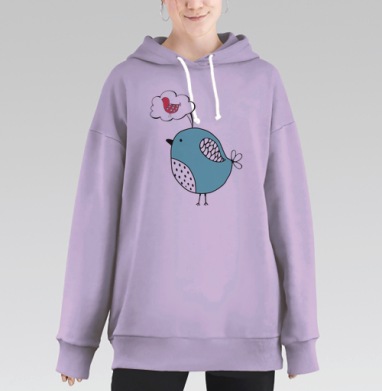 Голубая птица мечтает о красной птице в облачке мысли, Hoodie Long Oversize Fiolet