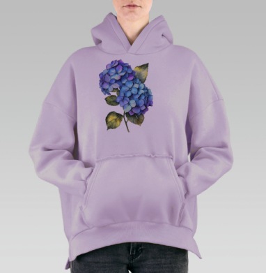 Голубой и фиолетовый букет с зелёными листьями гортензии, Hoodie Oversize Fiolet, утепленная
