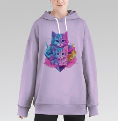 Голубые котята с кристаллами в ярких оттенках, Hoodie Long Oversize Fiolet