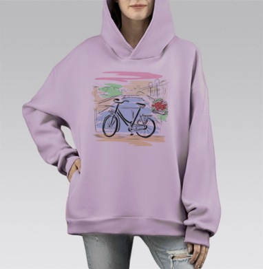 Городской велосипед на мосту с цветами на фоне, Hoodie Mono Fiolet, оверсайз, утепленная