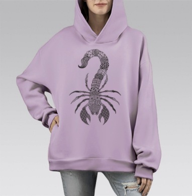 Графический рисунок скорпиона с узорами медитативный черный и белый, Hoodie Mono Fiolet, оверсайз, утепленная