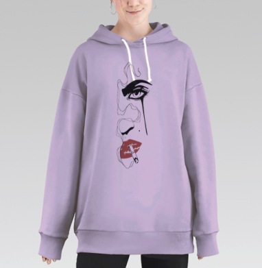 Грустная женщина с сигаретой и красными губами на сером фоне, Hoodie Long Oversize Fiolet
