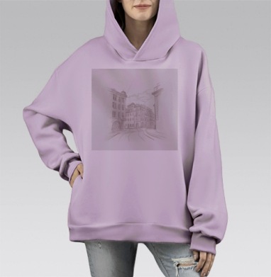 Классический карандашный рисунок городского пейзажа, Hoodie Mono Fiolet, оверсайз, утепленная