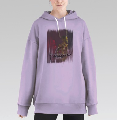Кибернетический скелет в кресле с иероглифом волка в мрачном фьючерсе, Hoodie Long Oversize Fiolet