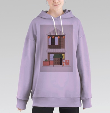 Кофейня с традиционной азиатской кошкой у входа кофейня с традиционной, Hoodie Long Oversize Fiolet