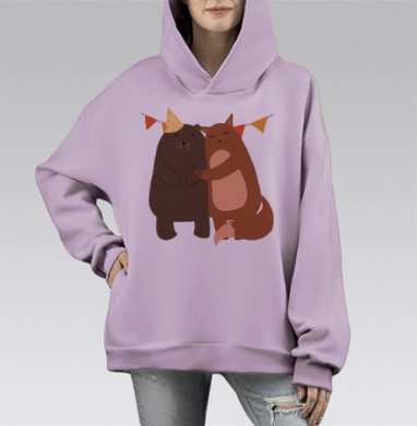 Коричневый медведь и рыжая лиса обнимаются, Hoodie Mono Fiolet, оверсайз, утепленная