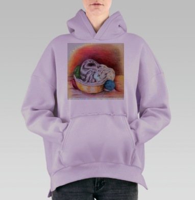 Кошка в корзине с пряжей уютная домашняя сцена, Hoodie Oversize Fiolet, утепленная