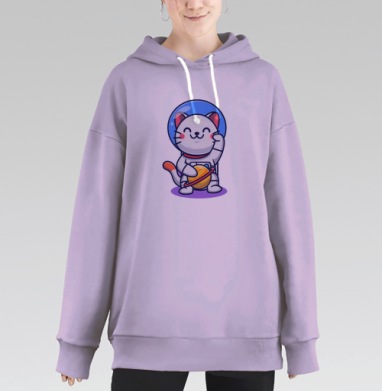 Кот космонавт держит планету в скафандре милый космос, Hoodie Long Oversize Fiolet