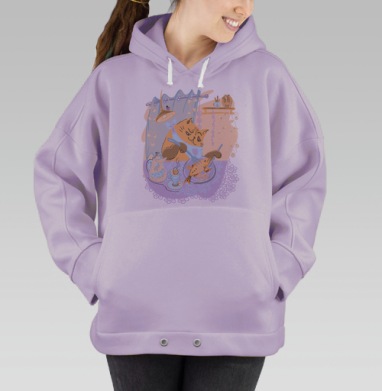 Кот наслаждается рыбой за столом уюта дома, Hoodie Oversize Fiolet
