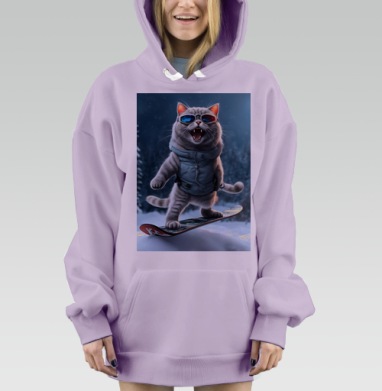 Кот серый сноубордист зимнее настроение стильные очки, Hoodie Mjhigh Dig Mel, Fiolet, утепленная