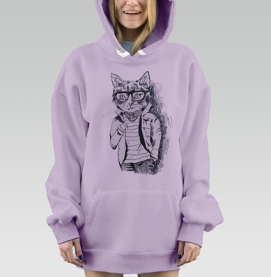 Стильный хипстерский кот в черно-белом рисунке, Hoodie Mjhigh Dig Mel, Fiolet, утепленная