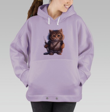 Котенок Воин с Мечом детская фантазия стиль, Hoodie Oversize Fiolet