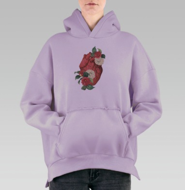Красное анатомическое сердце с цветами на сером фоне, Hoodie Oversize Fiolet, утепленная