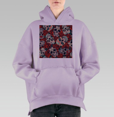 Красные розы с черепами на зелёном фоне черепами на зелёном фоне, Hoodie Oversize Fiolet, утепленная