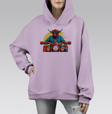 Красный бык байкер на мотоцикле крутой Байкер, Hoodie Mono Fiolet, оверсайз, утепленная
