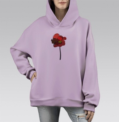 Красный мак с жёлтыми тычинками на сером фоне, Hoodie Mono Fiolet, оверсайз, утепленная