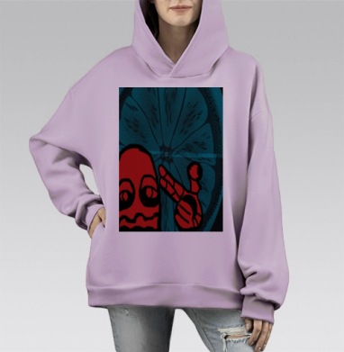 Красный персонаж с жестом мира на синем фоне, Hoodie Mono Fiolet, оверсайз, утепленная
