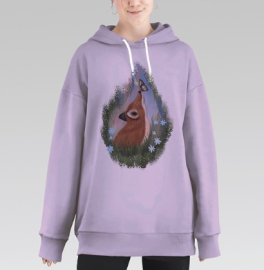 Лиса с бабочкой на носу нежность лета природы, Hoodie Long Oversize Fiolet