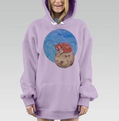 Спящий рыжий лисёнок на луне среди звёзд, Hoodie Mjhigh Dig Mel, Fiolet, утепленная