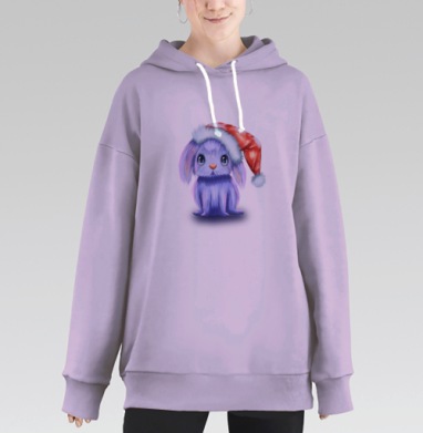 Любопытный сиреневый зайчик в рождественской шапке зимние моменты, Hoodie Long Oversize Fiolet